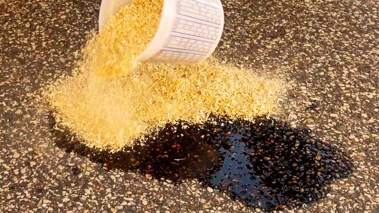 Sawdust pouring onto a dark liquid spill on concrete.