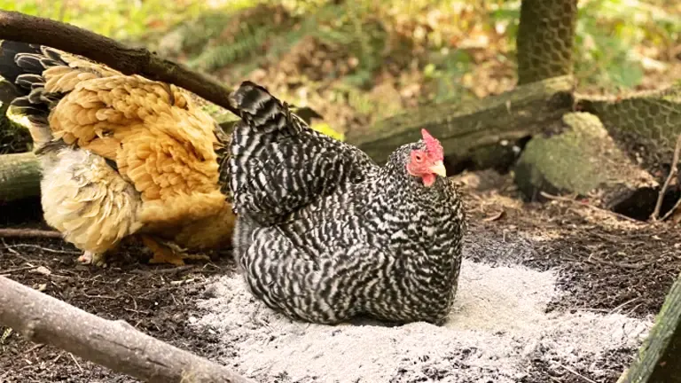Two chickens in a wooded area, one sitting on a pile of wood ash.
