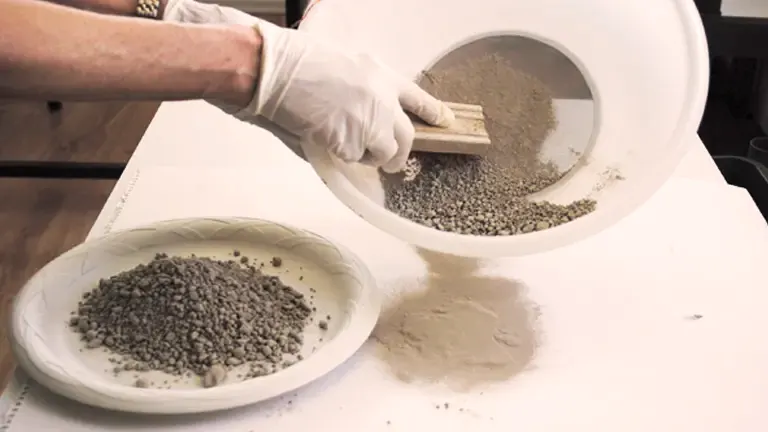 Gloved hand cleansing small rocks from wood ash in white bucket onto a white plate.