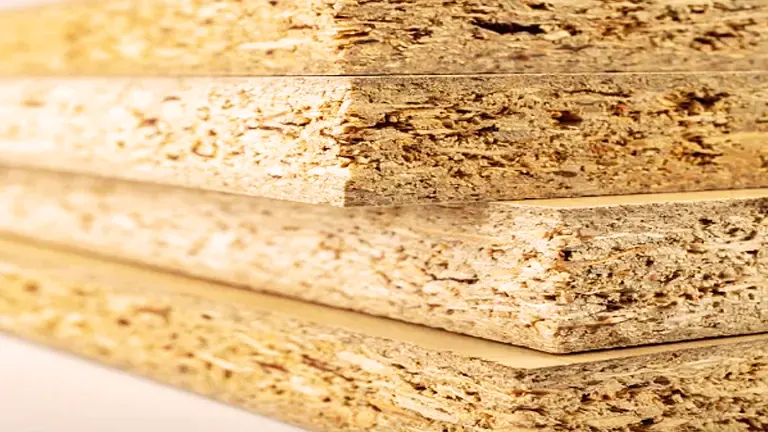 Stack of compressed wood particle boards.
