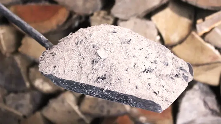 Close-up of a black shovel with wood stove ash, firewood in the background.