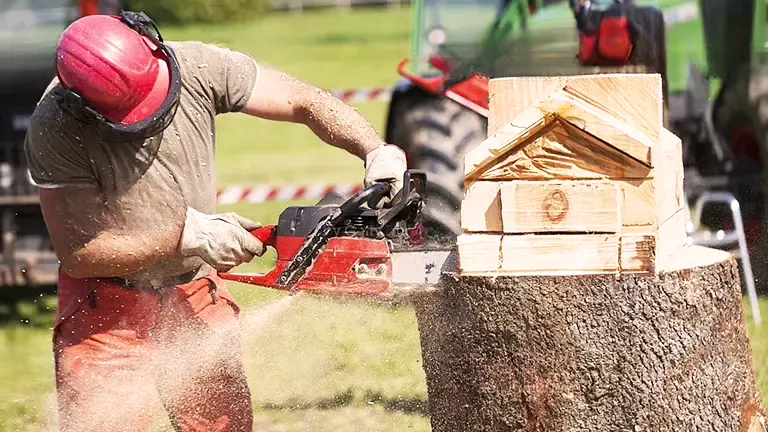 Person using chainsaw for wood carving in field