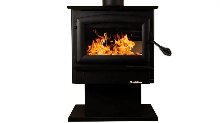 Buck Stove Model 21NC wood stove with visible flames through the glass door