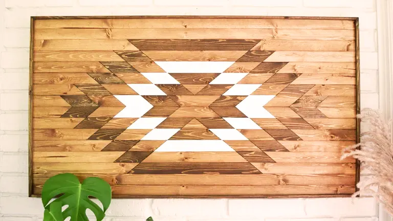 Large wooden wall art with a geometric pattern.
