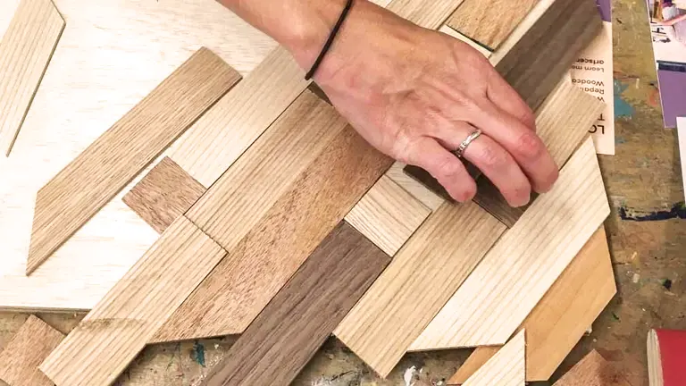 Hand arranging smooth rectangular sawmill off cuts with varied wood grains.