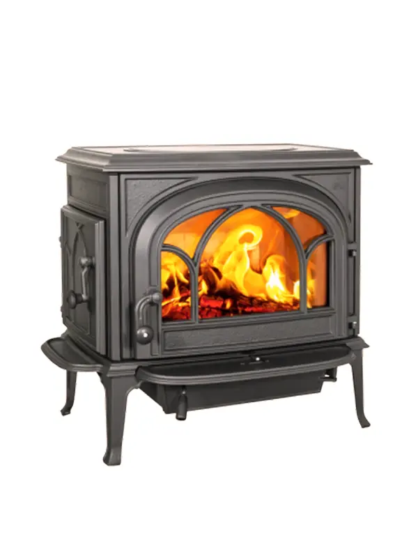 Buck Stove Model 21NC wood stove with a vibrant fire visible through the arched glass door