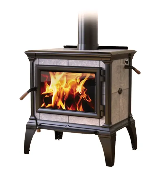 Buck Stove Model 21NC wood stove in use with visible flames through glass door