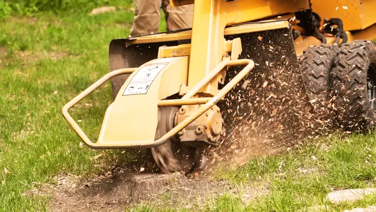 yellow stump grinder in operation, grinding a tree stump in a grassy outdoor area