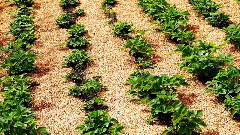 Rows of young strawberry plants growing in a bed of sawdust.