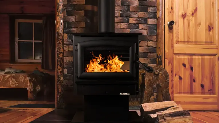 Buck Stove Model 21NC wood stove with a roaring fire, placed in a cozy cabin room