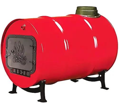 Red US Stove Barrel Camp Stove Kit with a black flame-designed door