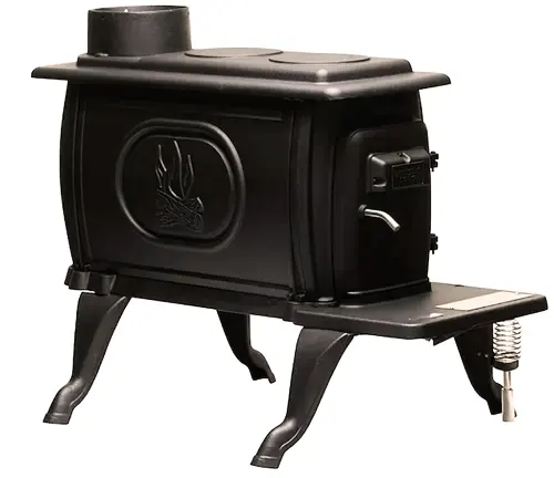 US Stove 900 Sq. Ft. Black cast iron wood stove with decorative design on door