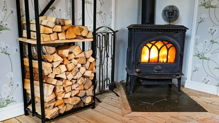 Lit wood stove with heat distribution fan and firewood rack.