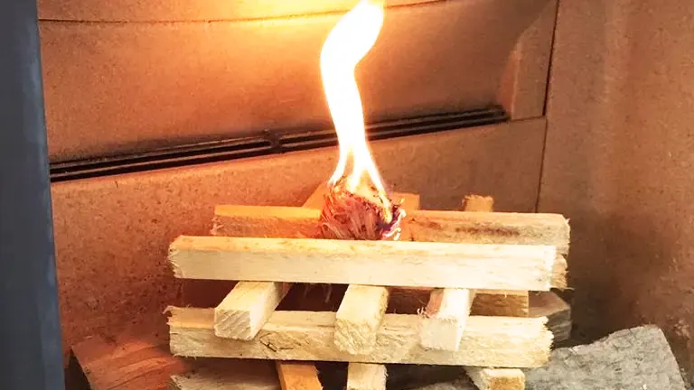 Burning fire starter on a small stack of kindling inside a wood stove.