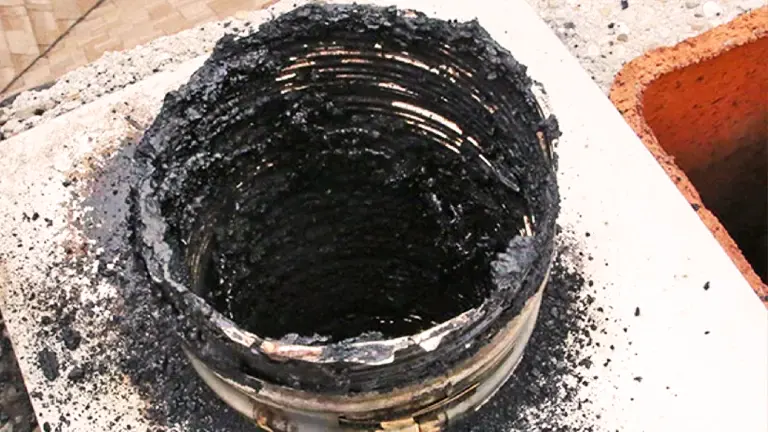 Tar build-up inside a wood stove chimney flue component.