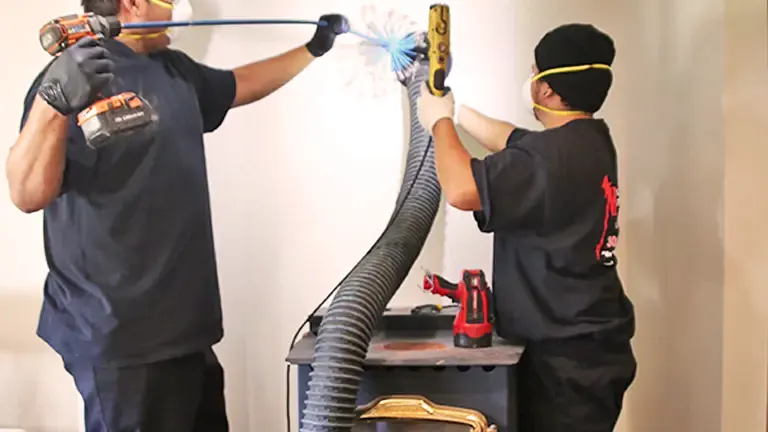 Two technicians cleaning a chimney with tools and a vacuum, indoor setup.