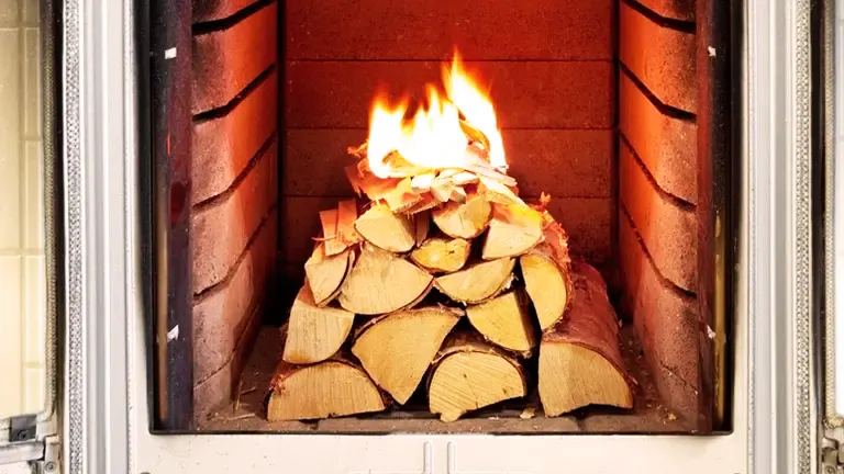 Brick wood stove with a bright fire and neatly stacked wood, against a white wall.