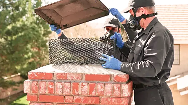 Two people in gloves and masks cleaning a red brick chimney.