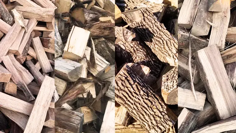 Pile of chopped wood logs of various sizes and colors.