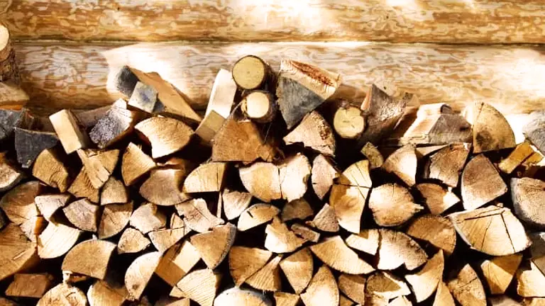 Pile of firewood stacked against a wooden wall, ready for burning