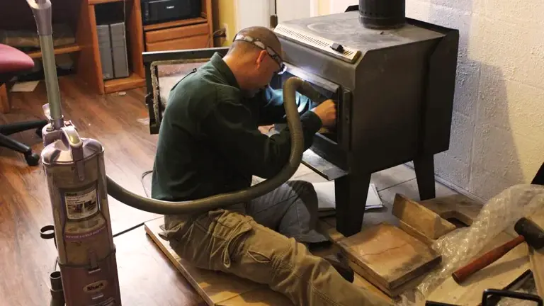 Man in green shirt and khaki pants cleaning a wood stove with a silver vacuum cleaner.