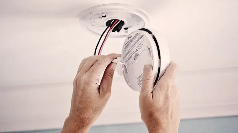 Hands installing a white, round smoke detector on a ceiling.