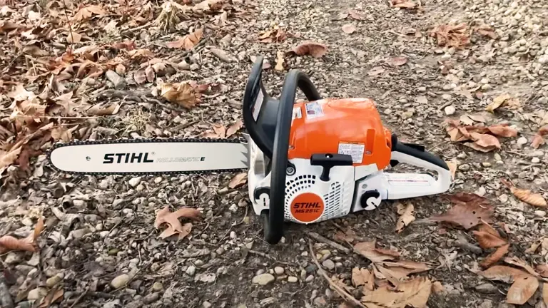 STIHL MS 251 C-BE chainsaw on forest floor.