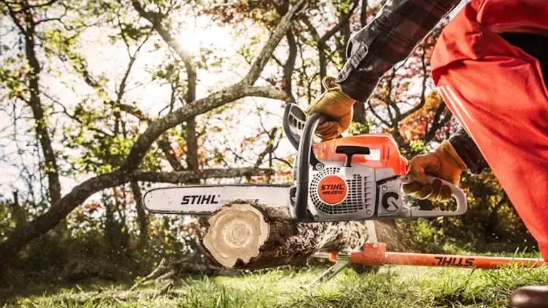 Person in red pants using STIHL MS 251 C-BE chainsaw in forest.