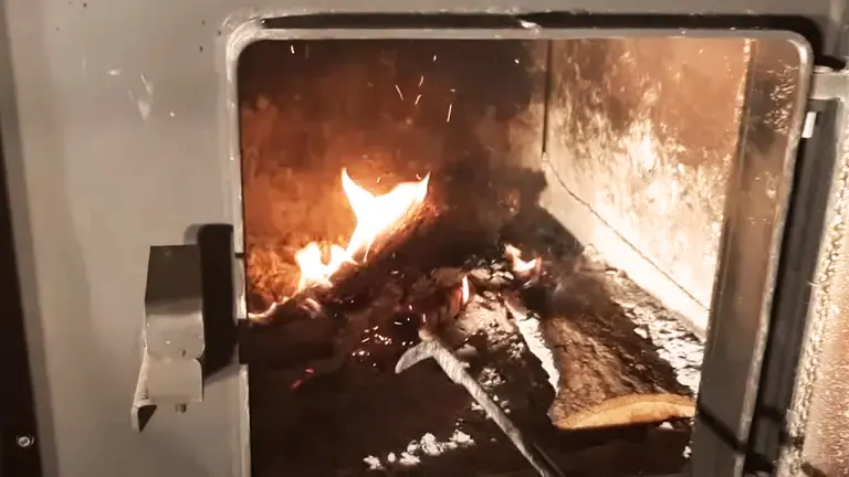 Burning wood inside a Shelter EPA 2020 Wood Indoor Furnace