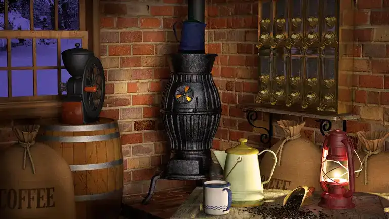 A potbelly wood stove in a cozy brick room with coffee and tea accessories.