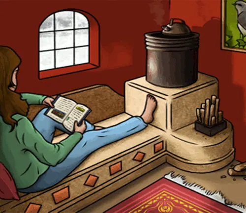 Person reading a book by a fireplace.