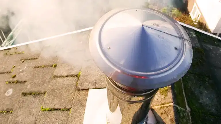 Chimney emitting smoke on rooftop.