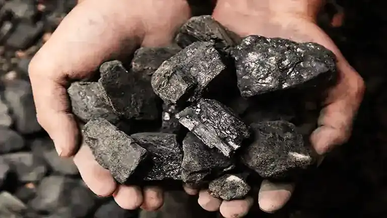 Hands holding coal chunks.