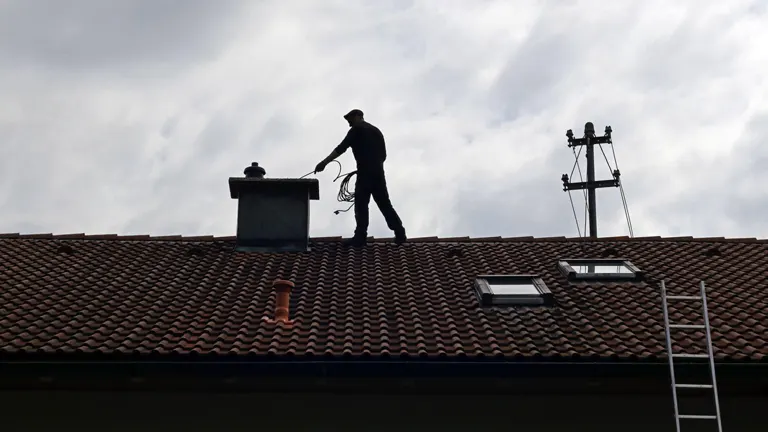 Chimney guy cleaning on the roof