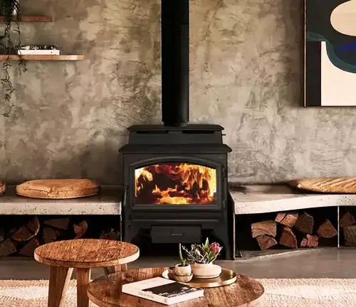 Lopi Liberty wood stove with fire in a modern living room, beside a wooden table and art piece.