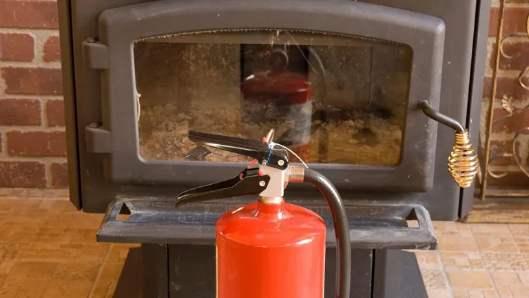 wood stove front with fire extinguisher