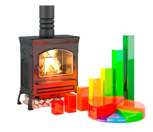 A 3D rendering of a stove with a rising red line superimposed on a falling green line graph.