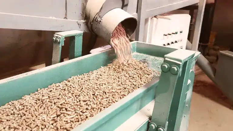 Machine pouring wood pellets into bin.