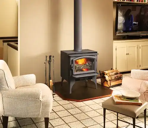 Lopi Answer wood stove with visible fire, flanked by white striped chairs in a cozy living room with TV.
