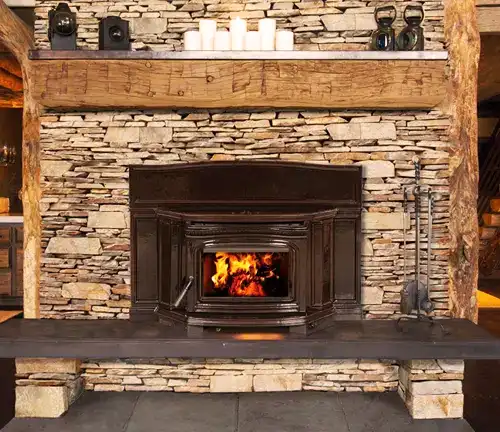 Vermont Castings Montpelier Wood Insert in a stone fireplace with a wooden mantle and candles.