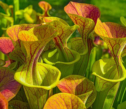 The image showcases a group of pitcher plants with distinct vein patterns on their green and red leaves, set in a garden with green foliage in the background.