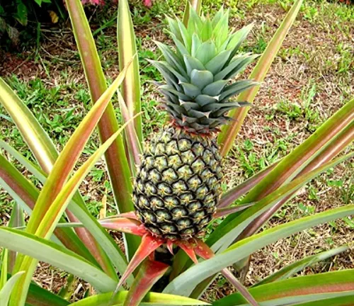 This is an image of a pineapple plant with a ripe, yellow and green pineapple surrounded by sharp, pointed green leaves, set against a background of a garden with grass and other plants.