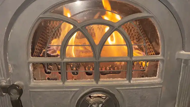 Burning fire inside wood stove.
