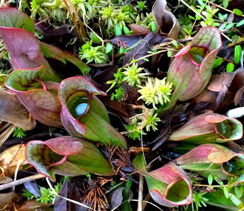 The image presents a group of pitcher plants in a natural setting. The plants, colored green and red, have long, tubular leaves filled with water, and are surrounded by other greenery and dead leaves.
