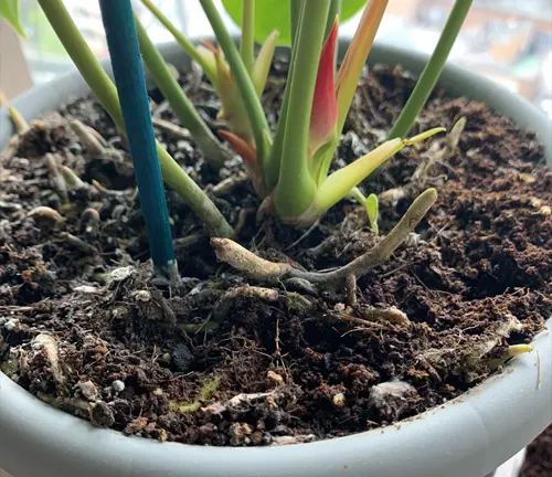 The image features a close-up view of a potted plant. The plant has vibrant green leaves, with new red leaves beginning to sprout. The roots of the plant are visible through the dark soil in the white, round pot. The background is blurred, suggesting a window or similar setting. This creates a serene and natural atmosphere. The image beautifully captures the growth and vitality of the plant.