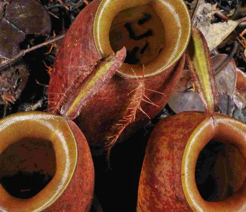 The image features three pitcher plants, a type of carnivorous plant, with their mouths open. The plants are brown and red in color with yellow and green stripes on the rim of their mouths, set against a background of dead leaves and twigs.