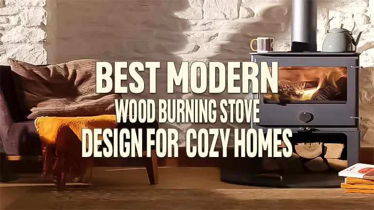 Modern Wood Burning Stove with Accessories and Red Gloves Next To