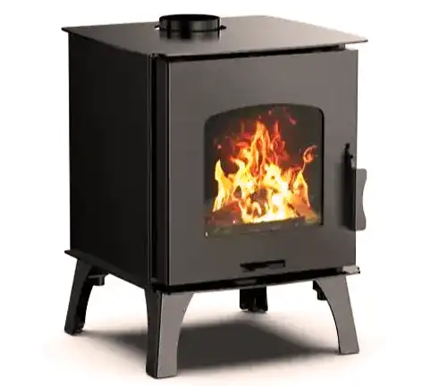 Compact black Capybara Mini Wood RV Stove with visible fire through the glass door