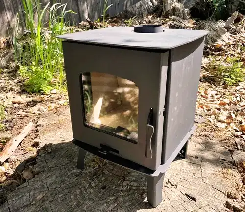 Compact Capybara Mini Wood RV Stove with a glass door, placed outdoors on a tree stump
