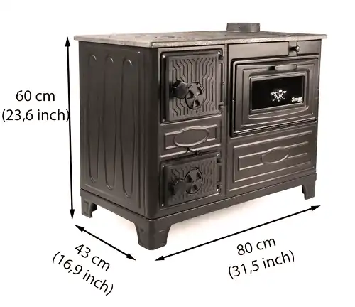 dimension Cast Iron Wood Stove with Cooker, Oven, and Heater